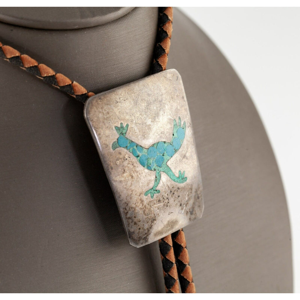 Sterling Silver Bolo Tie with Turquoise Inlay Chicken Emblem and Braid ...