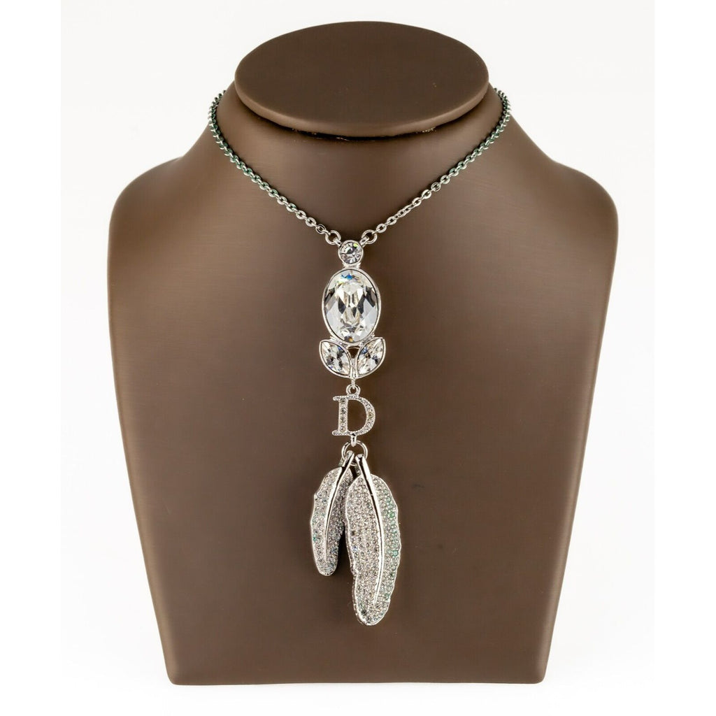 Dior Crystal Costume Pendant with Feather Motif 18" Chain w/ Original Pouch