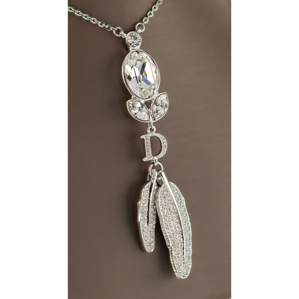 Dior Crystal Costume Pendant with Feather Motif 18" Chain w/ Original Pouch