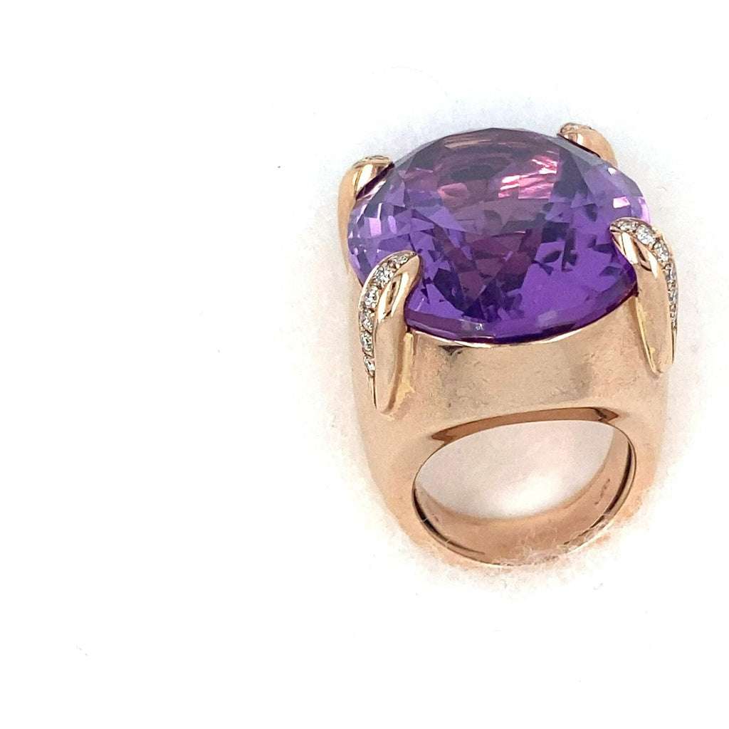 9k Rose Gold Oval Amethyst Cocktail Ring w/ Diamond Accents on Prongs Size 6.25
