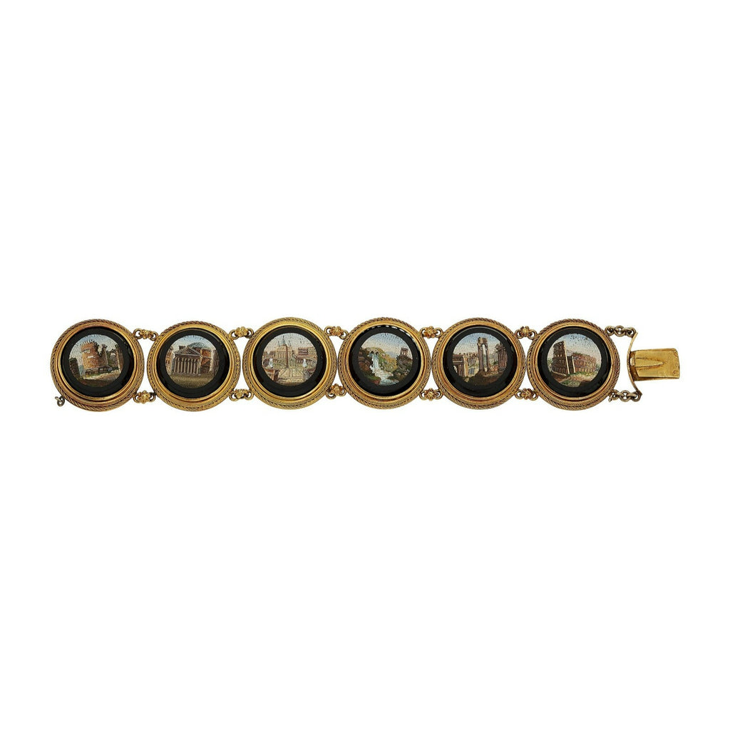 18k Yellow Gold Victorian Italian Micromosiac Station Bracelet 6.5" 50.9 grams
