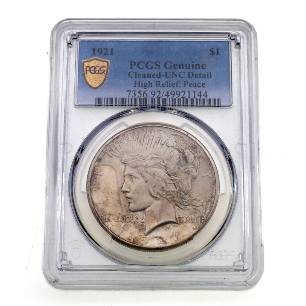 1921 $1 Silver Peace Dollar High Relief Graded by PCGS as UNC Details - Cleaned