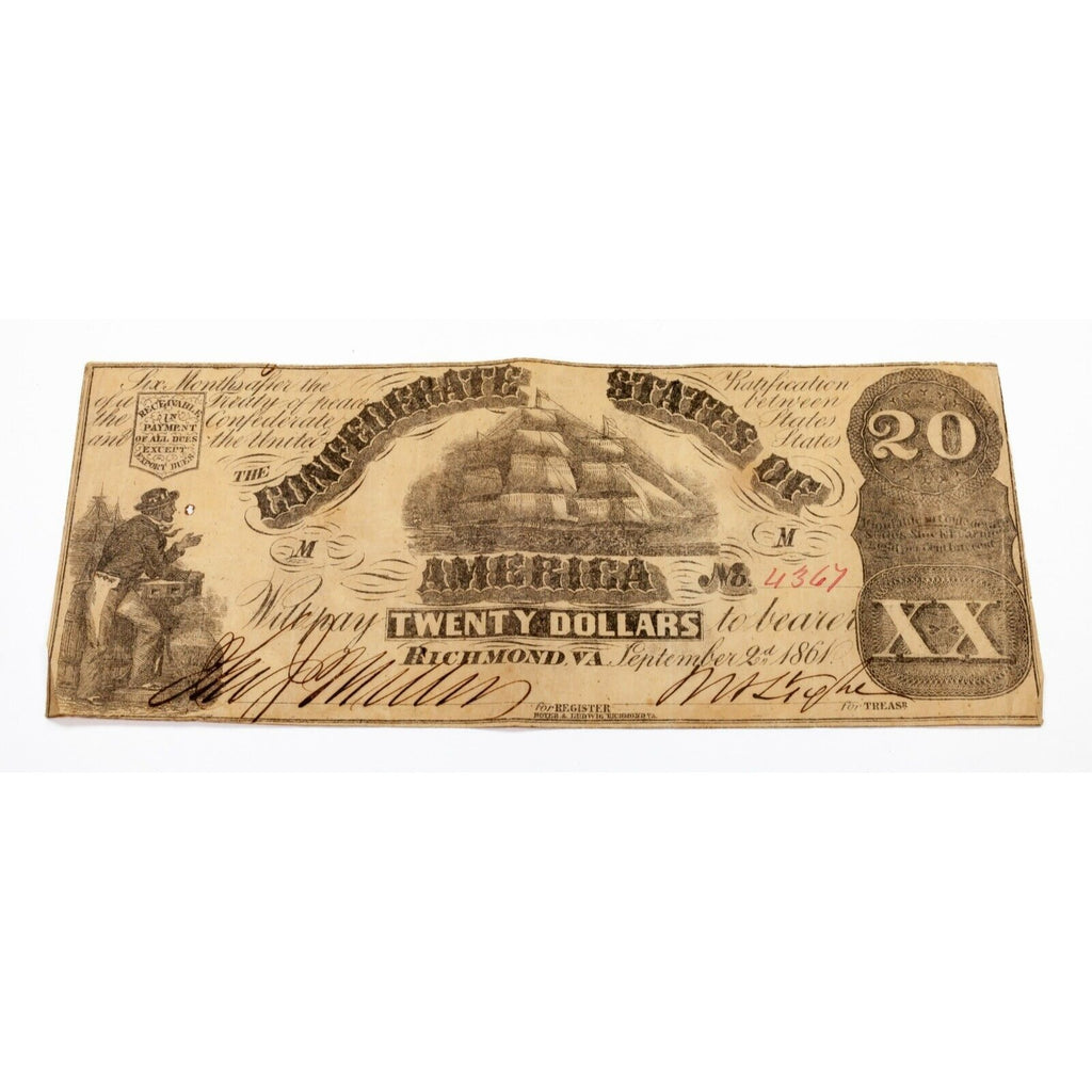 1861 $20 Confederate States Note in Very Fine Condition T-18