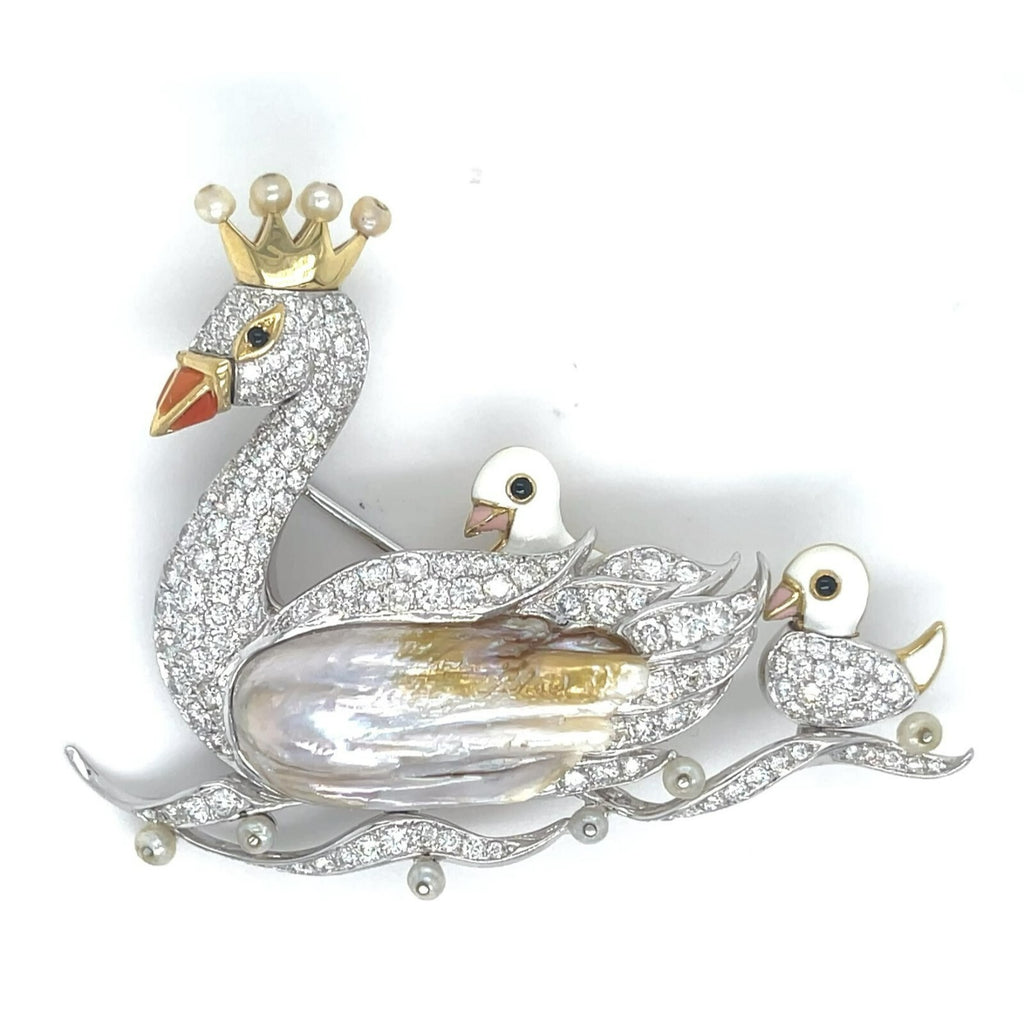 18k Gold and Platinum Freshwater Pearl, Dimaond, Enamel Swan Family Brooch