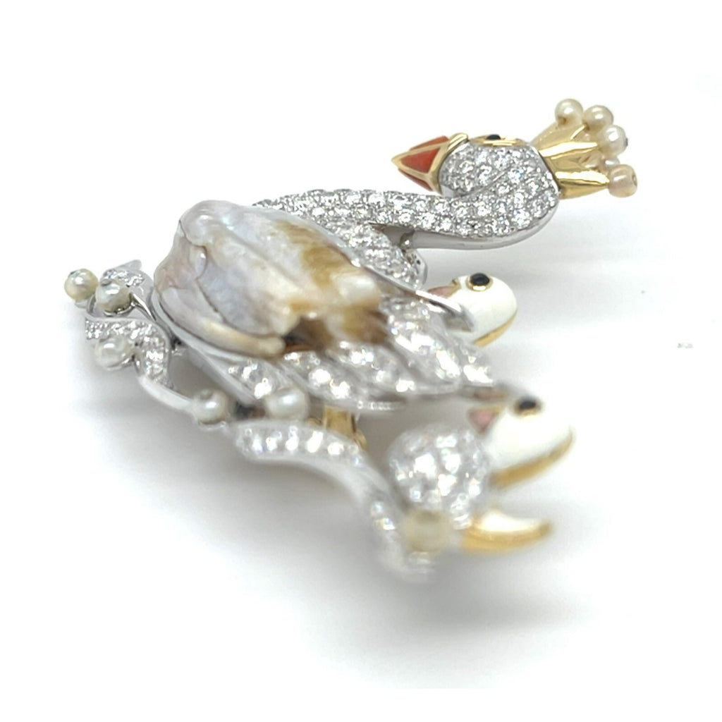 18k Gold and Platinum Freshwater Pearl, Dimaond, Enamel Swan Family Brooch