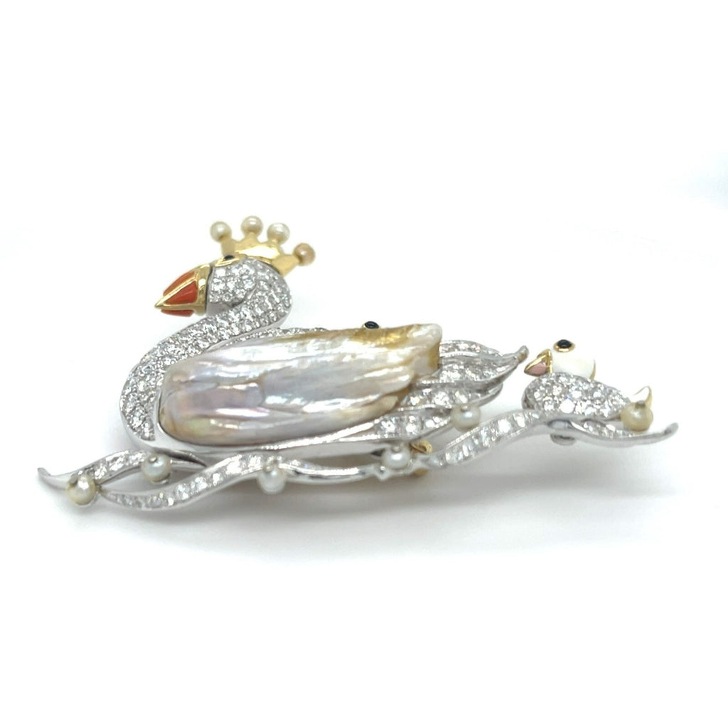 18k Gold and Platinum Freshwater Pearl, Dimaond, Enamel Swan Family Brooch