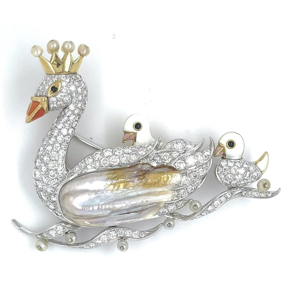18k Gold and Platinum Freshwater Pearl, Dimaond, Enamel Swan Family Brooch