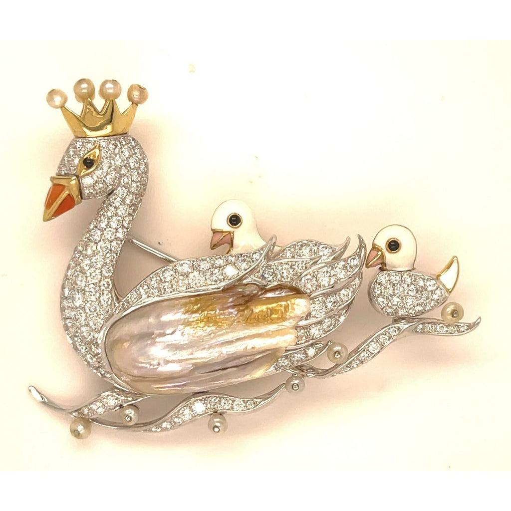 18k Gold and Platinum Freshwater Pearl, Dimaond, Enamel Swan Family Brooch