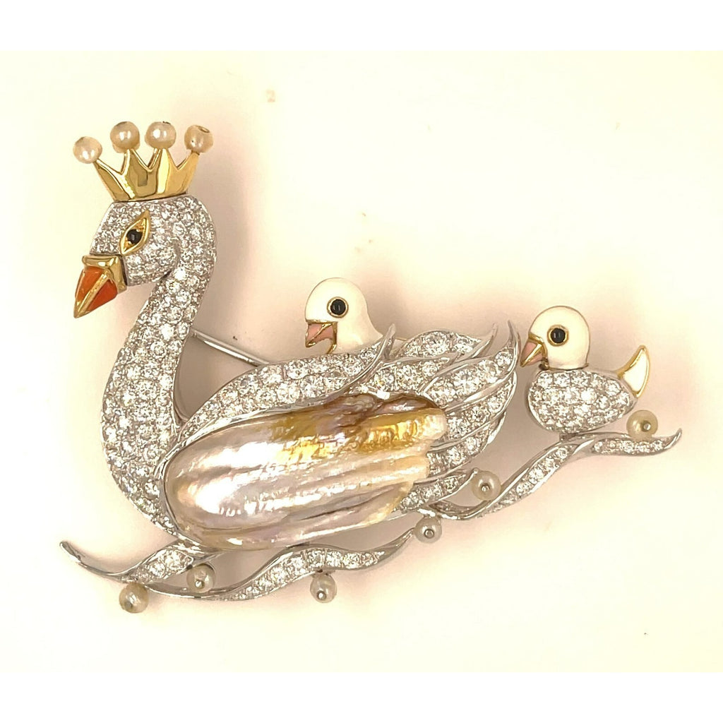 18k Gold and Platinum Freshwater Pearl, Dimaond, Enamel Swan Family Brooch