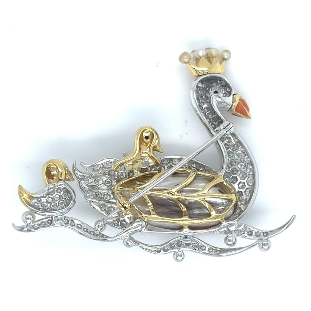 18k Gold and Platinum Freshwater Pearl, Dimaond, Enamel Swan Family Brooch