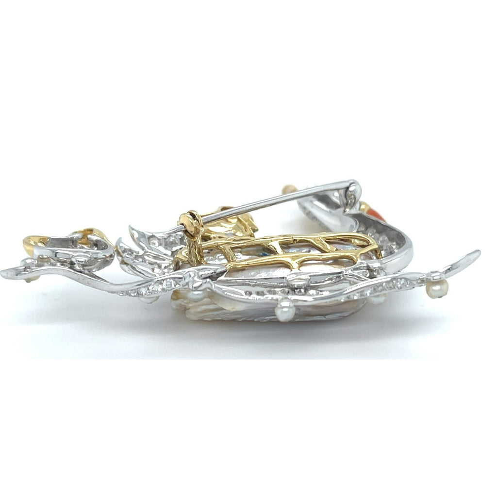 18k Gold and Platinum Freshwater Pearl, Dimaond, Enamel Swan Family Brooch