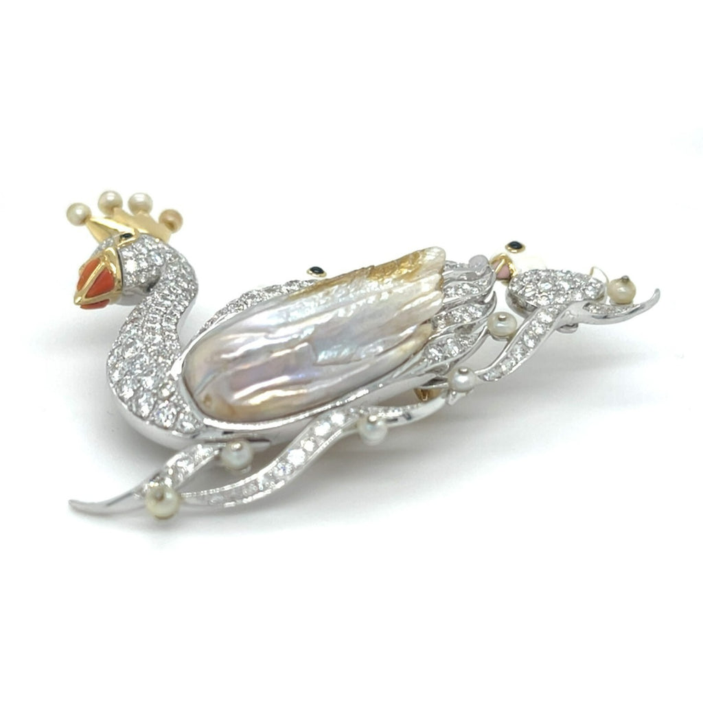 18k Gold and Platinum Freshwater Pearl, Dimaond, Enamel Swan Family Brooch