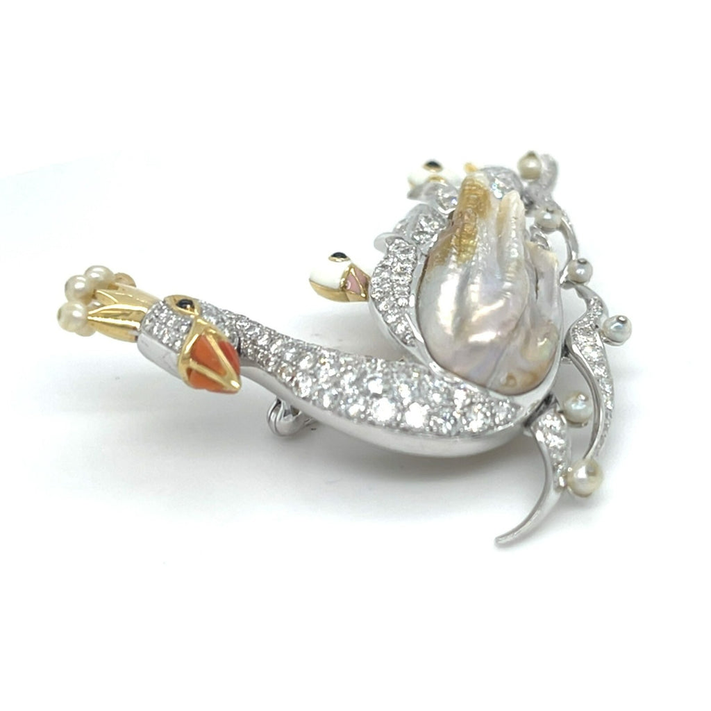 18k Gold and Platinum Freshwater Pearl, Dimaond, Enamel Swan Family Brooch