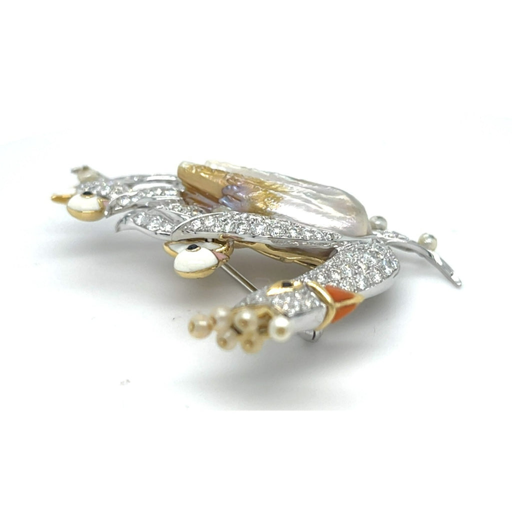 18k Gold and Platinum Freshwater Pearl, Dimaond, Enamel Swan Family Brooch