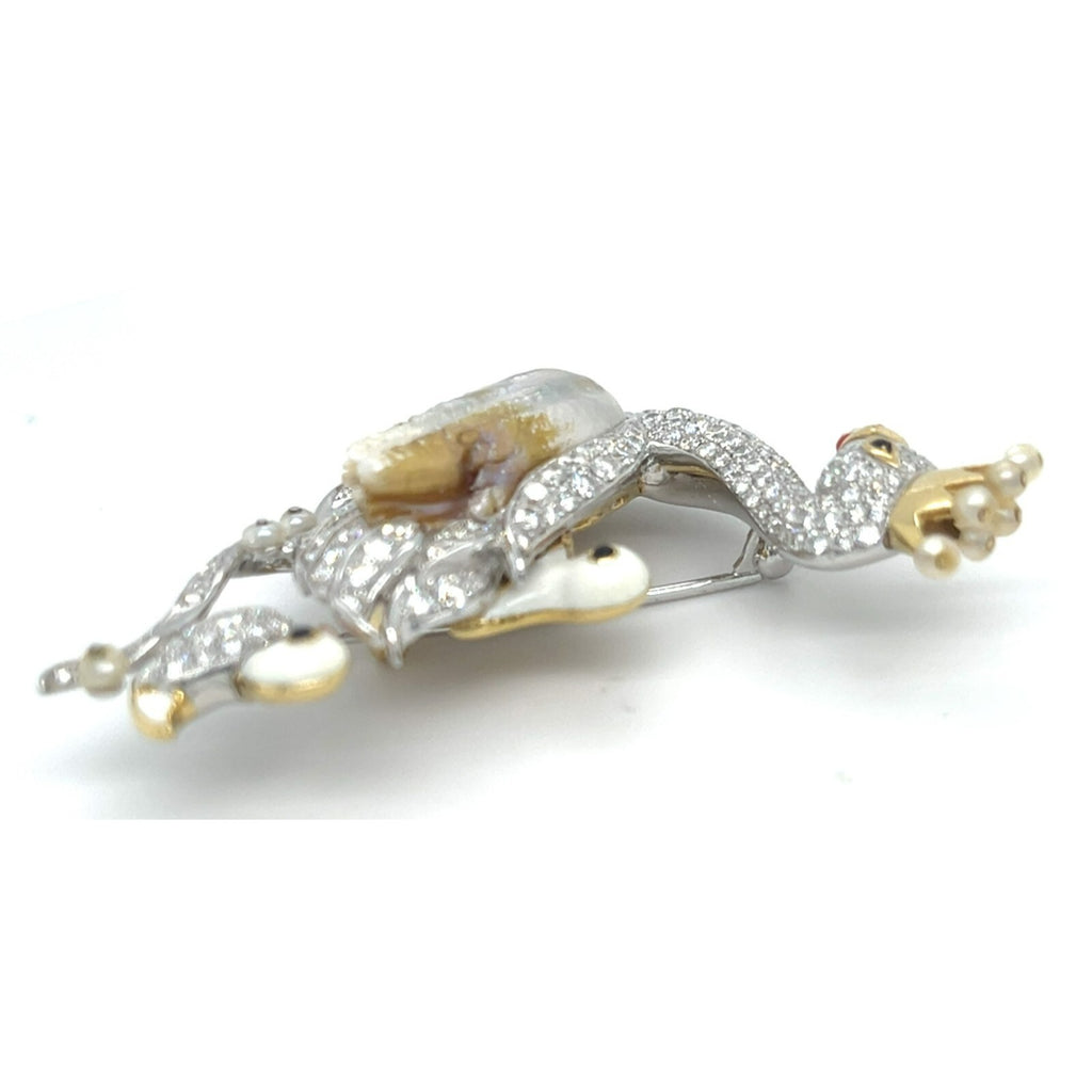 18k Gold and Platinum Freshwater Pearl, Dimaond, Enamel Swan Family Brooch