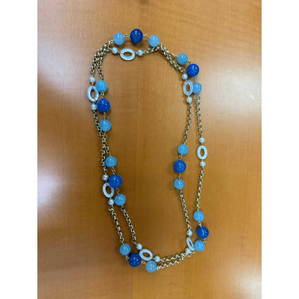 18k Yellow Gold Unique Dyed Chalcedony and Cultured Pearl Strand Necklace 42"