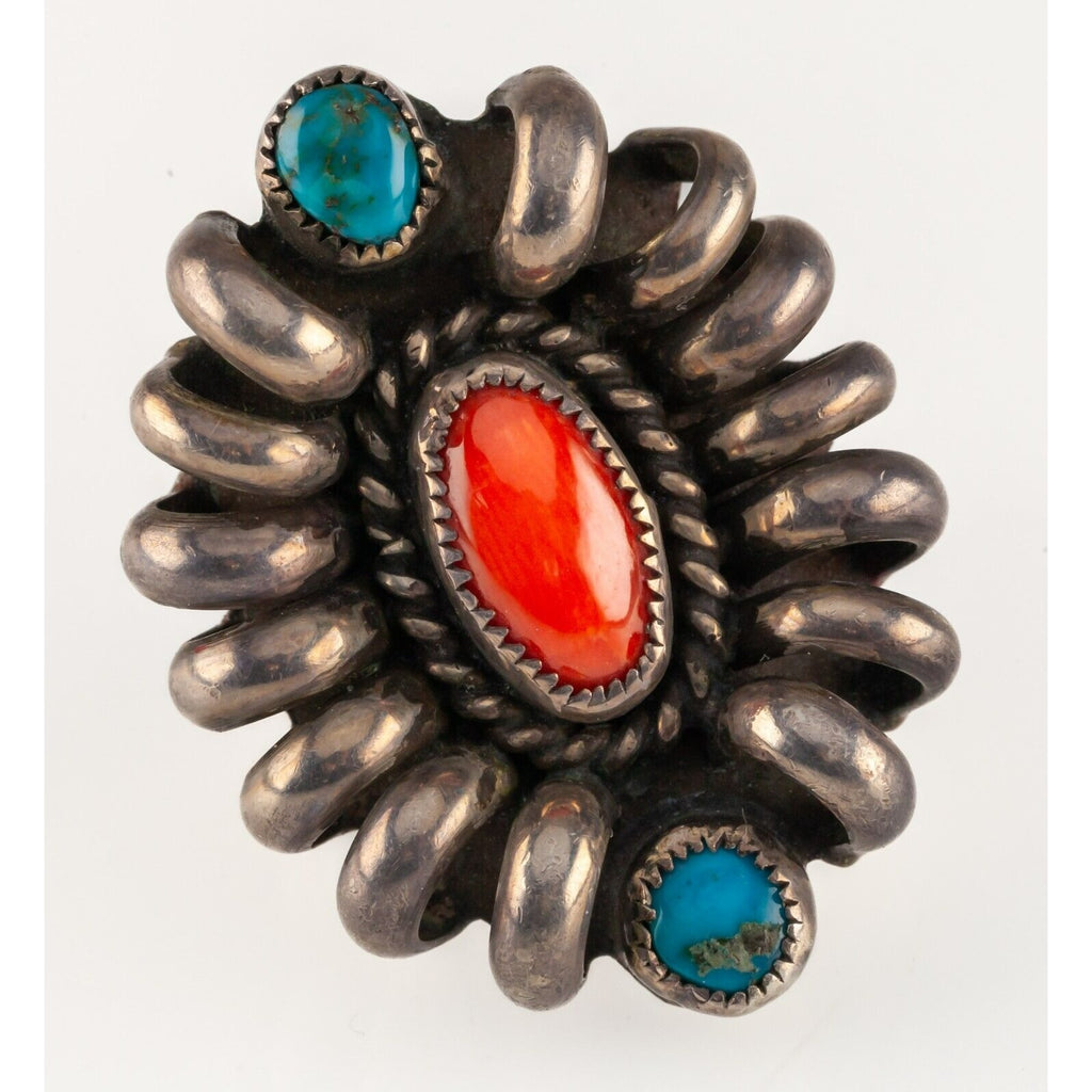 Vintage Signed RB Navajo Sterling Silver Turquoise & Coral Ring Sz: 6.50