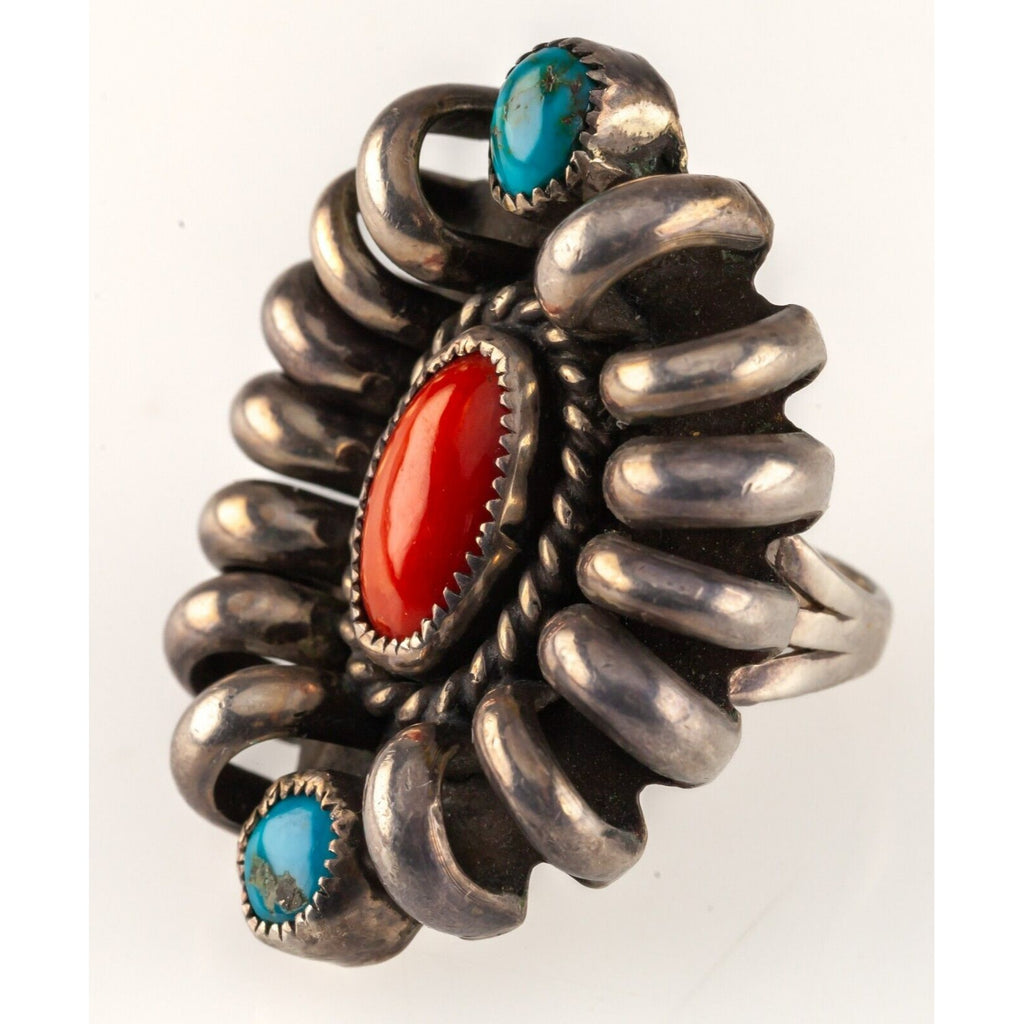 Vintage Signed RB Navajo Sterling Silver Turquoise & Coral Ring Sz: 6.50