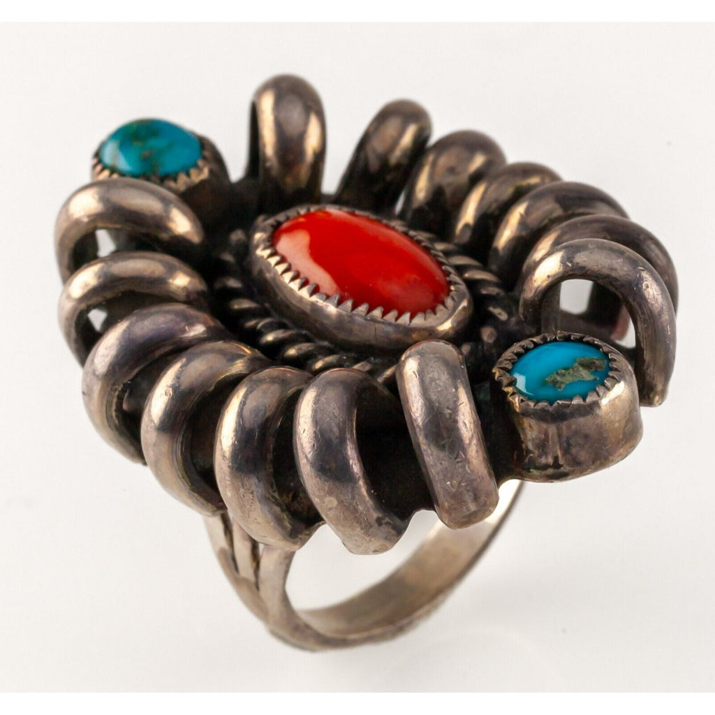 Vintage Signed RB Navajo Sterling Silver Turquoise & Coral Ring Sz: 6.50