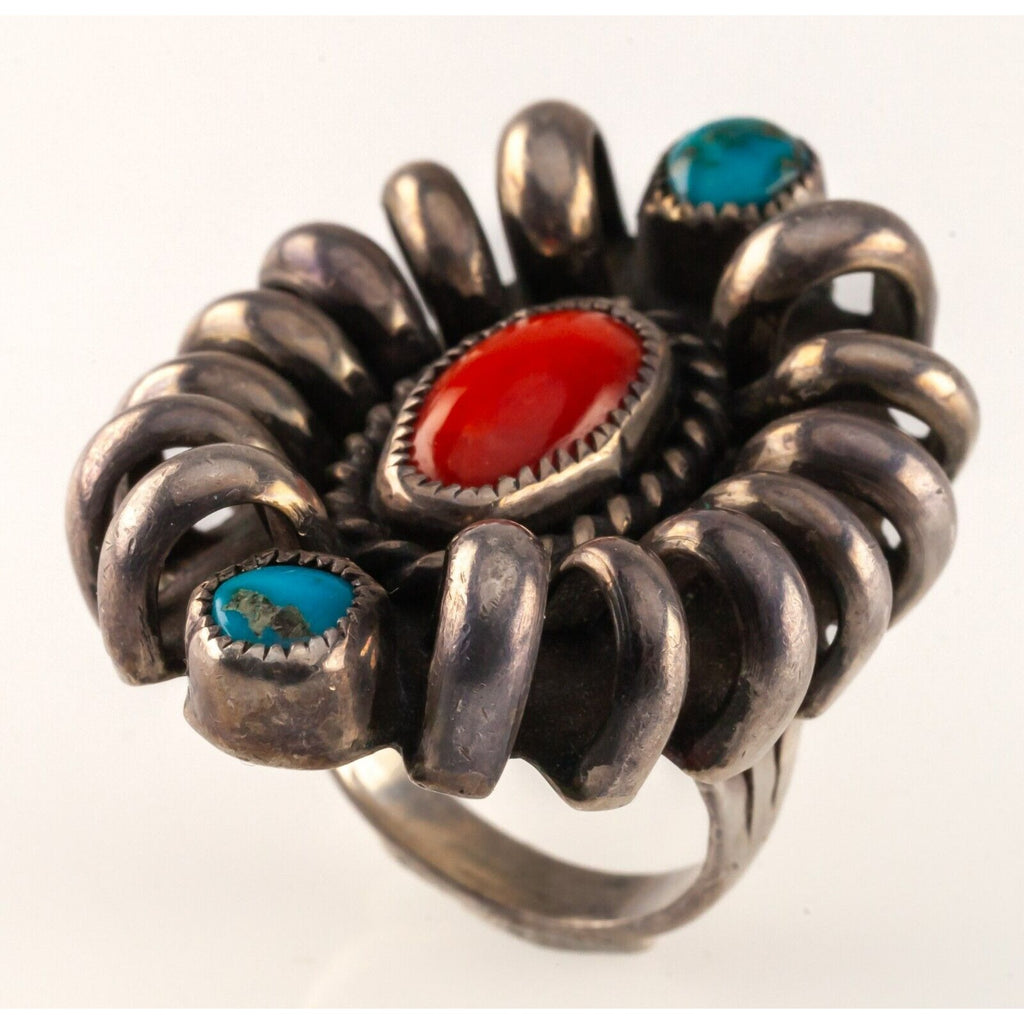 Vintage Signed RB Navajo Sterling Silver Turquoise & Coral Ring Sz: 6.50