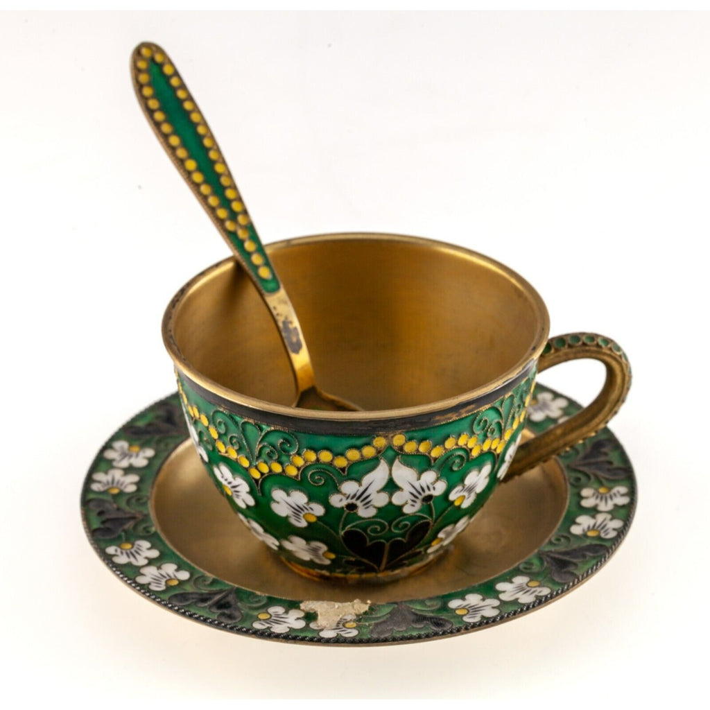 Soviet Russian Gilt 916 Silver Enamel Cloissone Tea Cup, Saucer, and Spoon 1950s