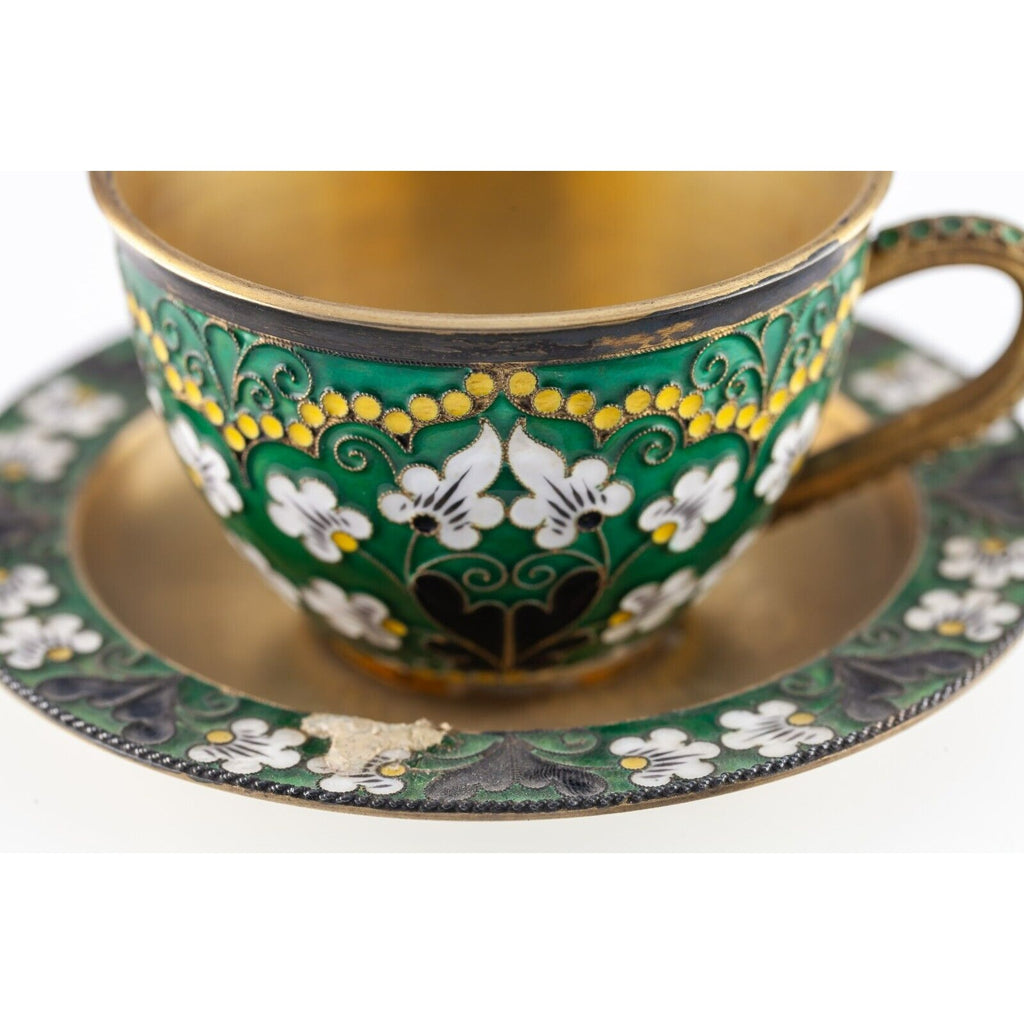 Soviet Russian Gilt 916 Silver Enamel Cloissone Tea Cup, Saucer, and Spoon 1950s