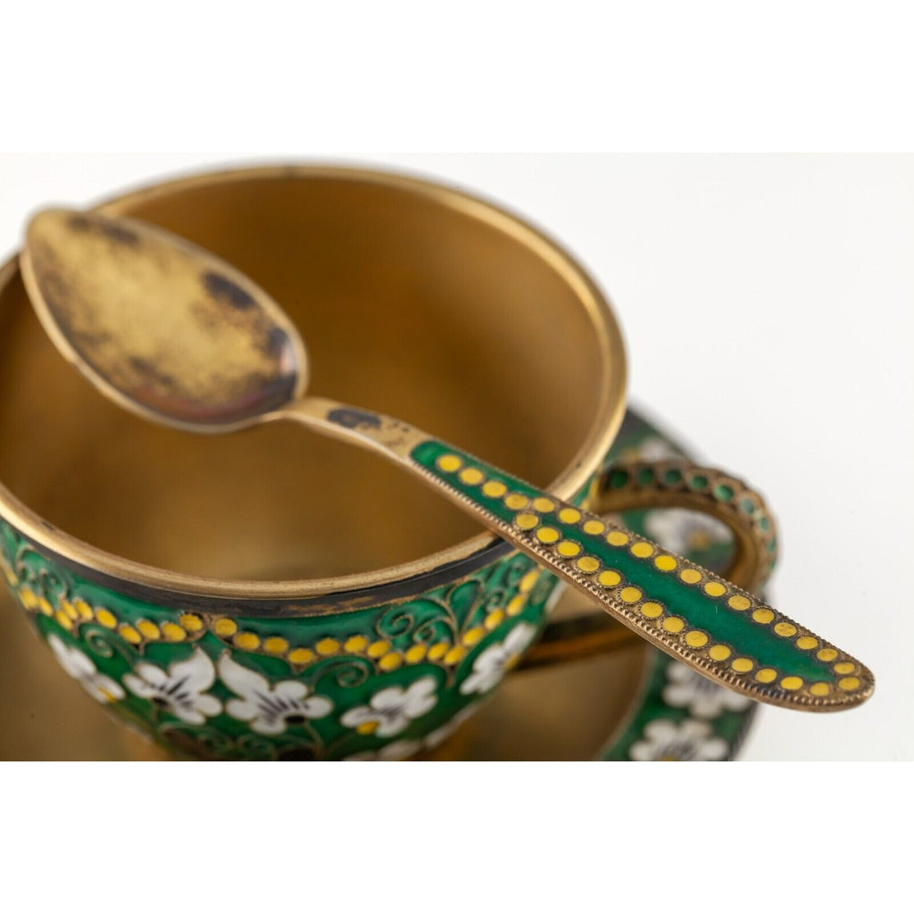 Soviet Russian Gilt 916 Silver Enamel Cloissone Tea Cup, Saucer, and Spoon 1950s