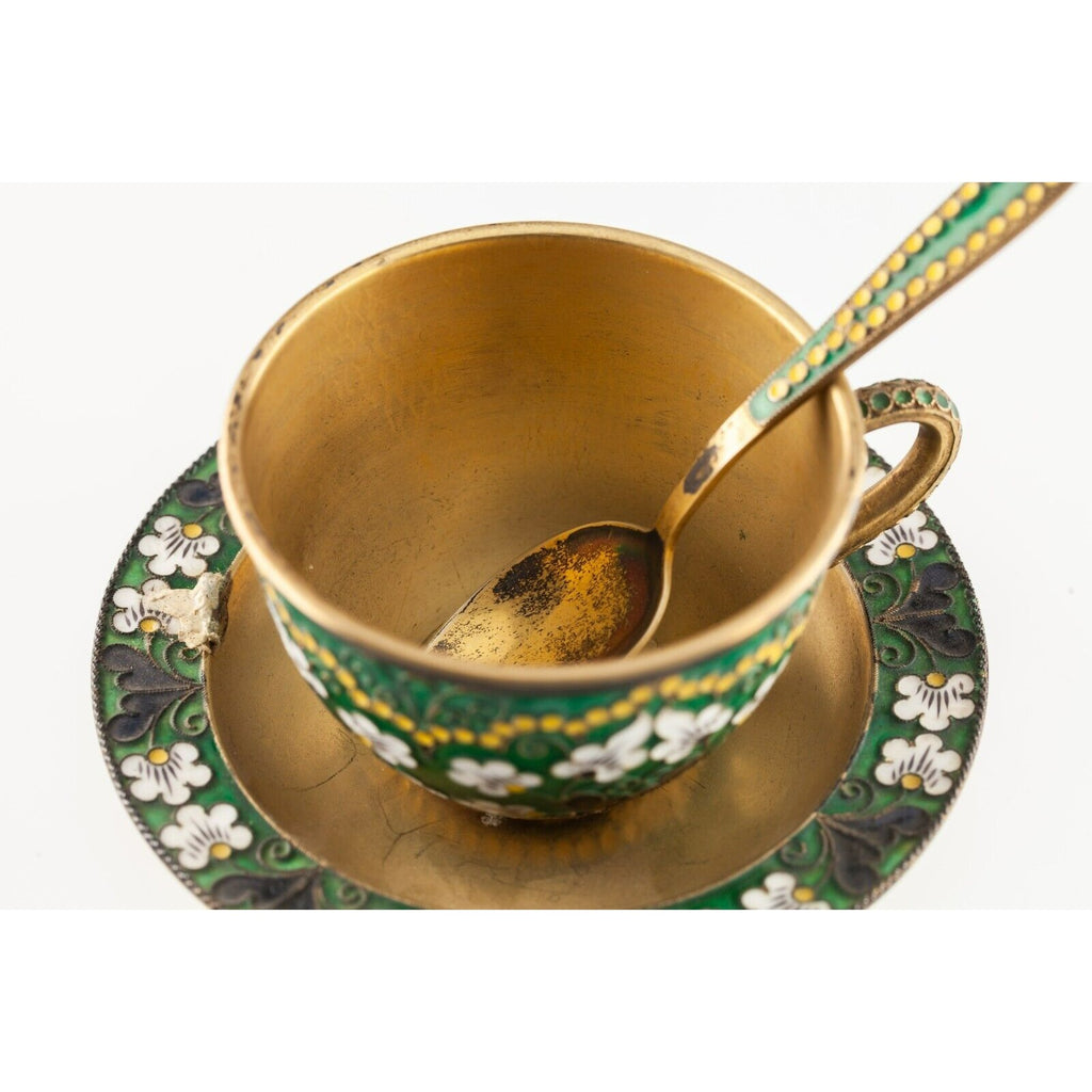 Soviet Russian Gilt 916 Silver Enamel Cloissone Tea Cup, Saucer, and Spoon 1950s