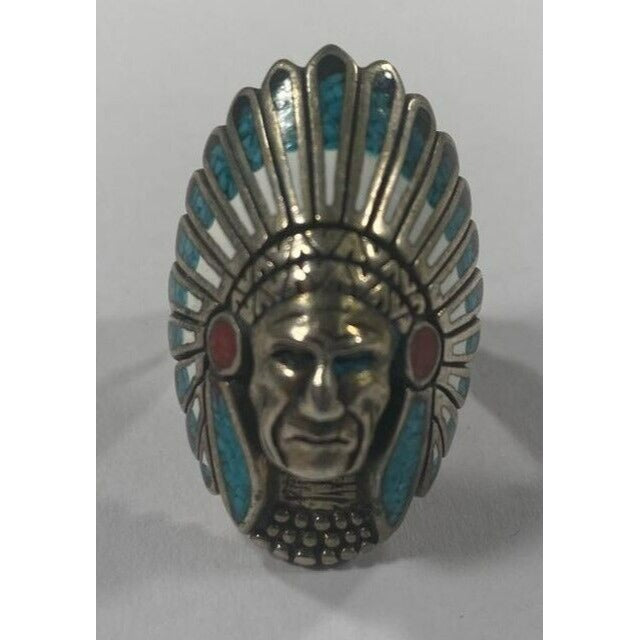 Sterling Silver Indian Chief Chip Inlay Ring Turquoise Coral Sz 7.75