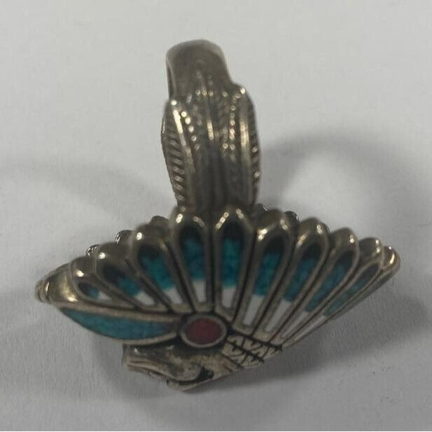 Sterling Silver Indian Chief Chip Inlay Ring Turquoise Coral Sz 7.75