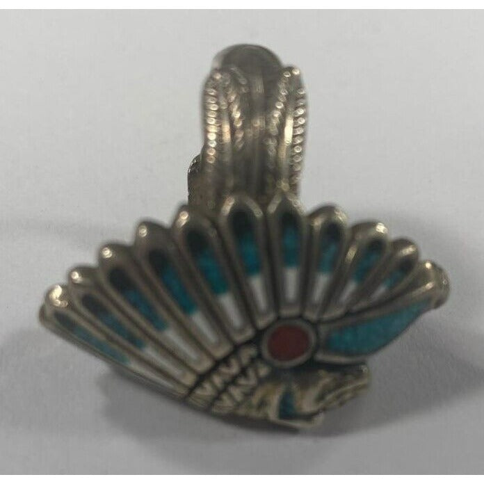 Sterling Silver Indian Chief Chip Inlay Ring Turquoise Coral Sz 7.75