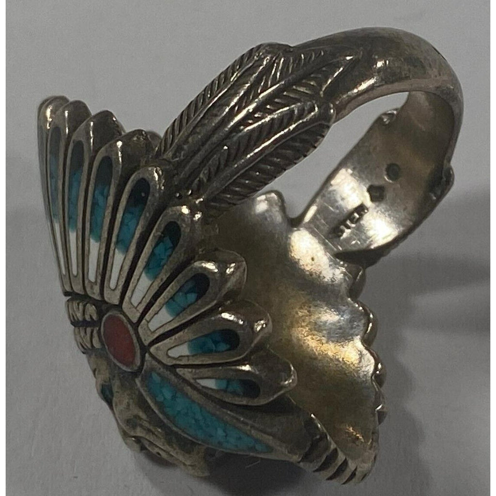 Sterling Silver Indian Chief Chip Inlay Ring Turquoise Coral Sz 7.75