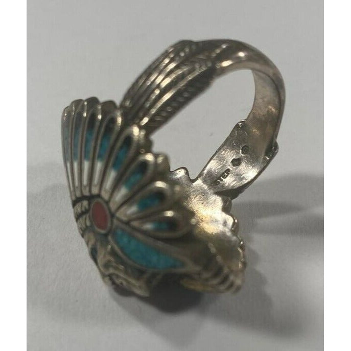 Sterling Silver Indian Chief Chip Inlay Ring Turquoise Coral Sz 7.75