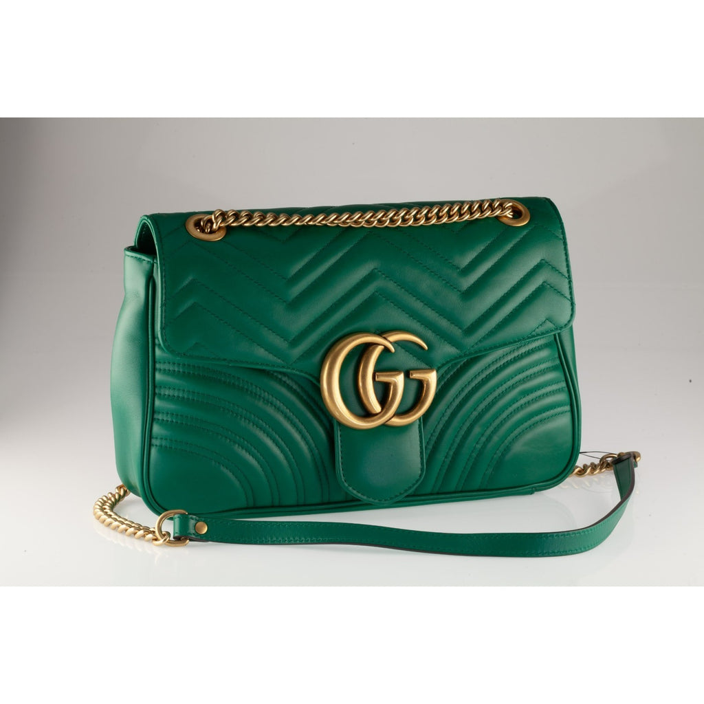 Gucci GG Medium Marmont Matelasse Green Leather Shoulder Bag Gold HW Dustbag