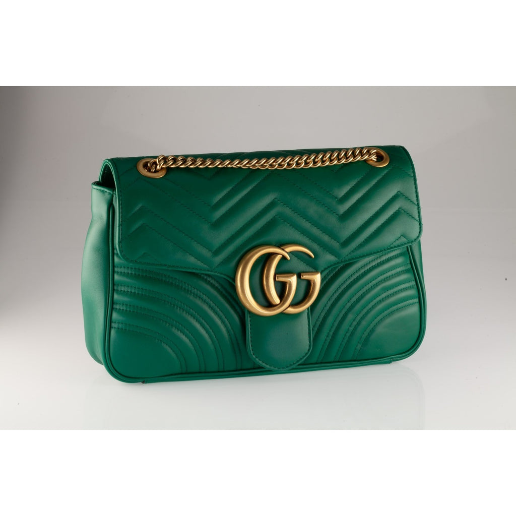 Gucci GG Medium Marmont Matelasse Green Leather Shoulder Bag Gold HW Dustbag