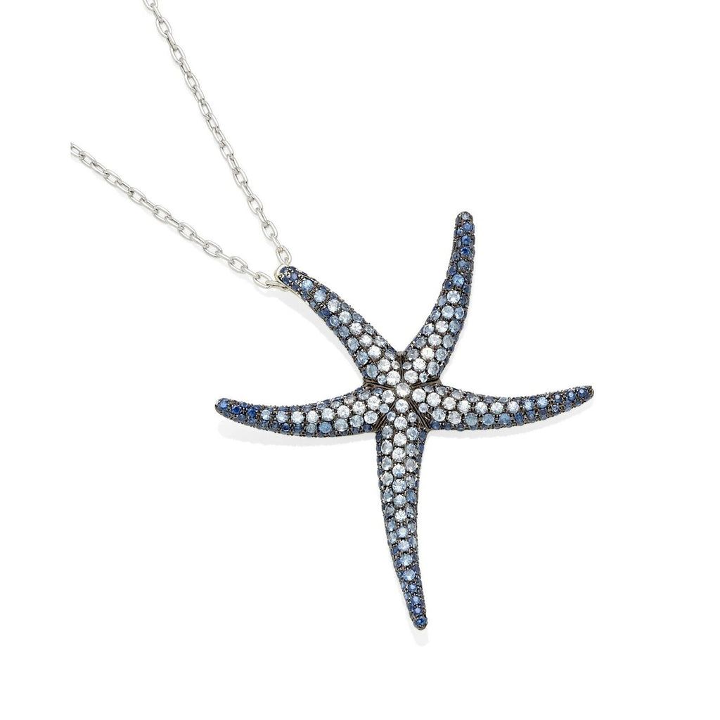 Sapphire and Rhodium Plated 18k White Gold Starfish Necklace Length: 19 3/4in.