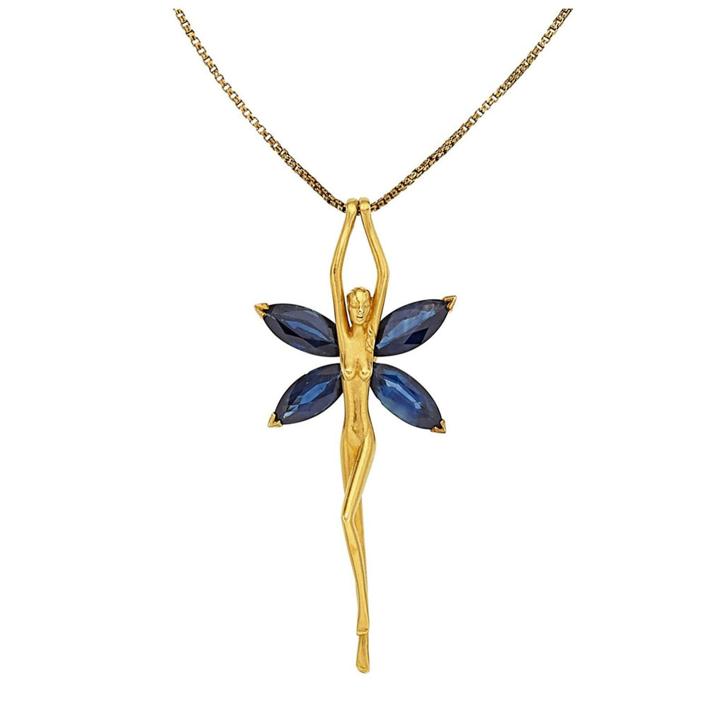 Carrera y Carrera 18k Gold 3.5ct Sapphire Fairy Pendant w/ 26" 14k Gold Chain