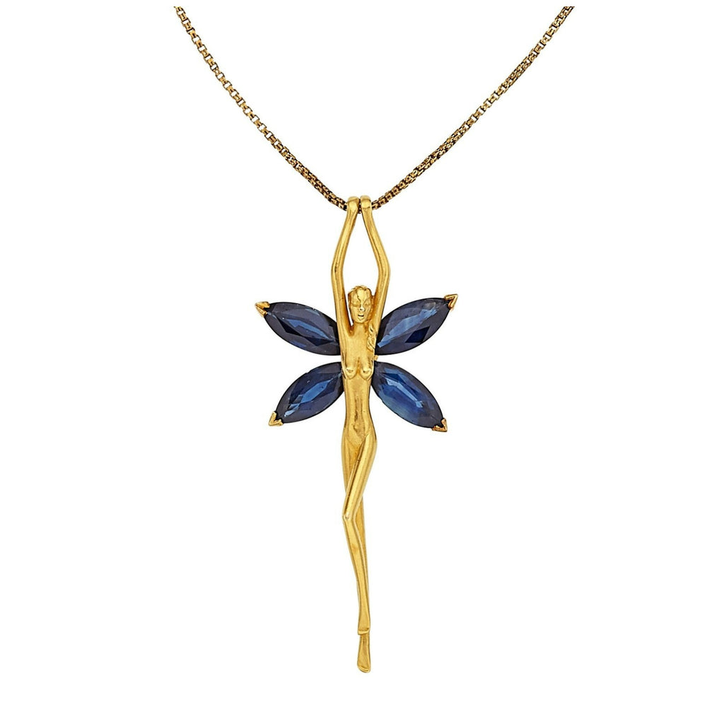 Carrera y Carrera 18k Gold 3.5ct Sapphire Fairy Pendant w/ 26" 14k Gold Chain