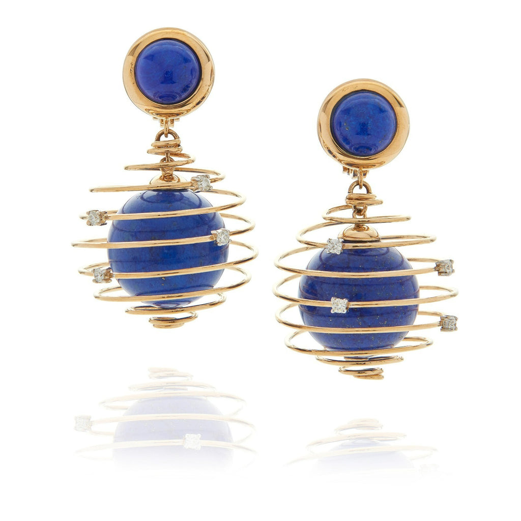 Unique 18k Yellow Gold Spring Drop Earrings with Lapis and Diamond Accents