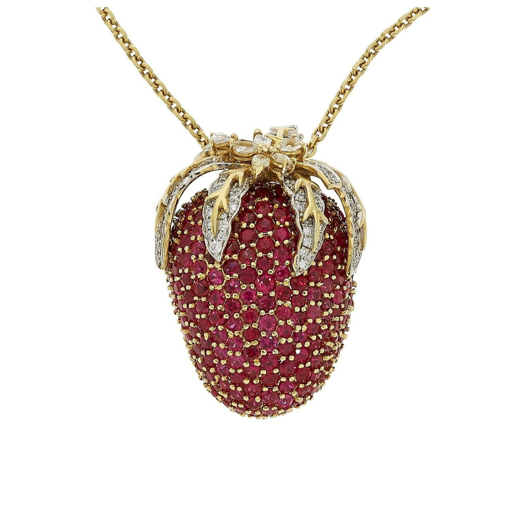 18k Yellow Gold 10ct Ruby 1.5ct Diamond Strawberry Pendant/Brooch w/ 18" Chain
