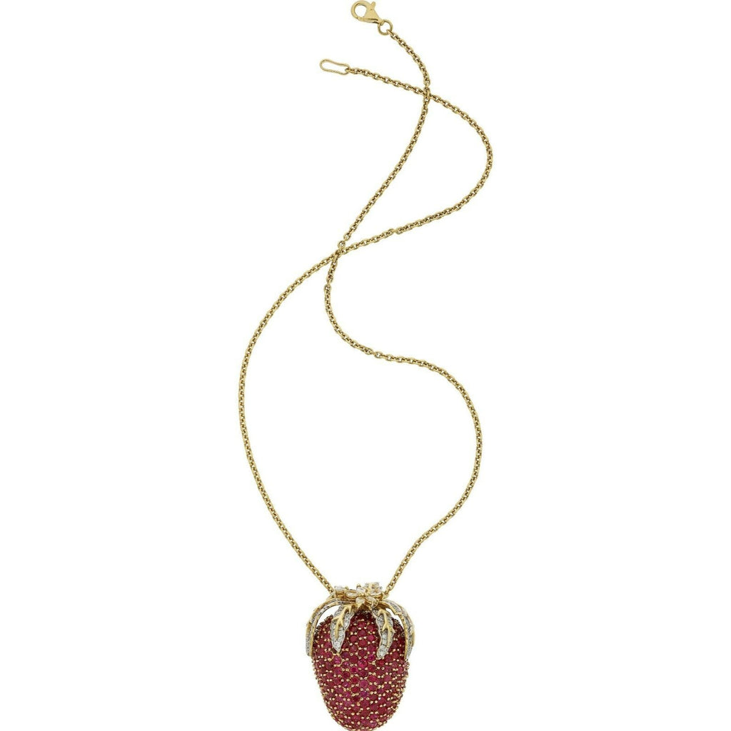 18k Yellow Gold 10ct Ruby 1.5ct Diamond Strawberry Pendant/Brooch w/ 18" Chain