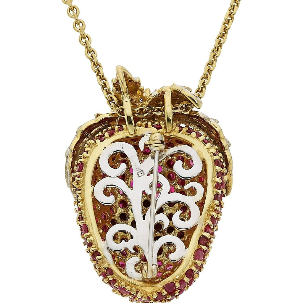 18k Yellow Gold 10ct Ruby 1.5ct Diamond Strawberry Pendant/Brooch w/ 18" Chain