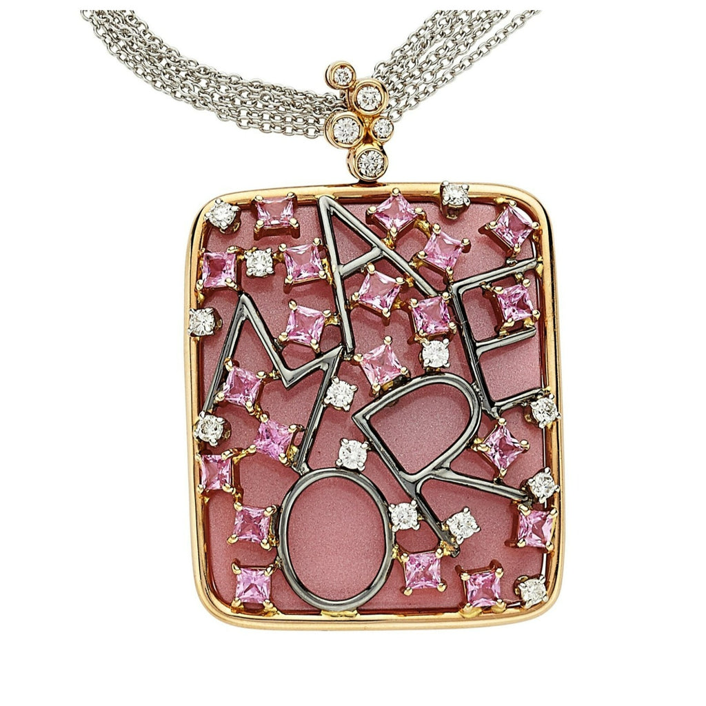18k Yellow Gold Diamond, Pink Sapphire, Enamel Pendant w/ 16" Multi-Chain
