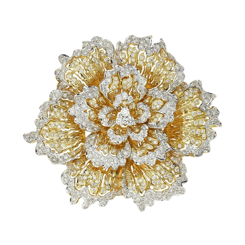 18k Two-Tone Gold Large Flower Brooch w/ 4.15 ct Diamonds Gorgeous!