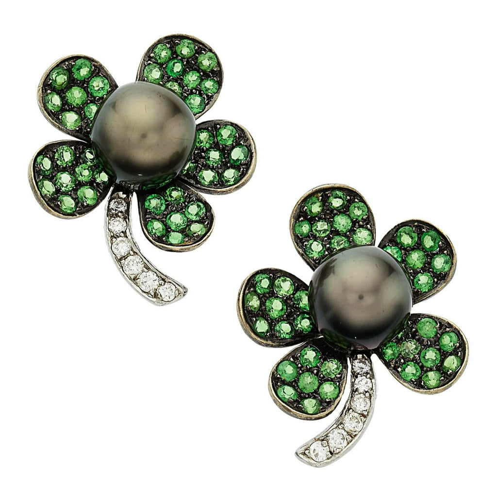18k White Gold South Sea Pearl 2.95ct Tsavorite .45ct Diamond Flower Ear Clips