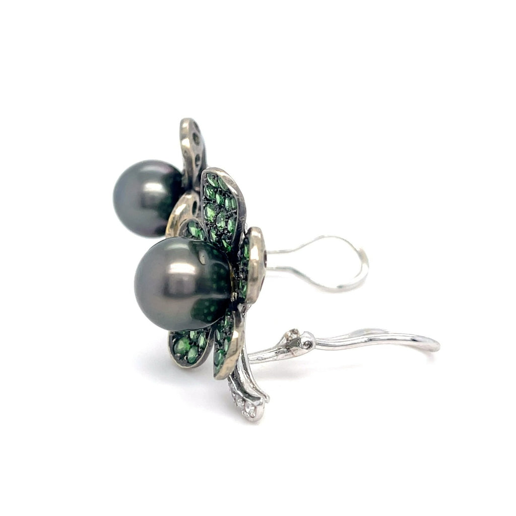 18k White Gold South Sea Pearl 2.95ct Tsavorite .45ct Diamond Flower Ear Clips