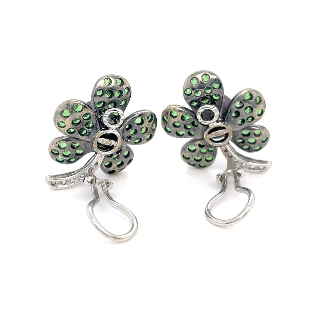 18k White Gold South Sea Pearl 2.95ct Tsavorite .45ct Diamond Flower Ear Clips