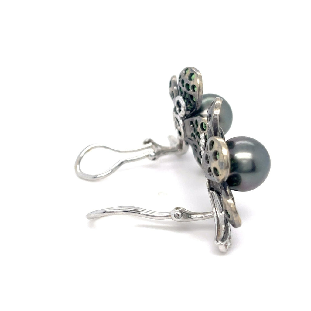 18k White Gold South Sea Pearl 2.95ct Tsavorite .45ct Diamond Flower Ear Clips