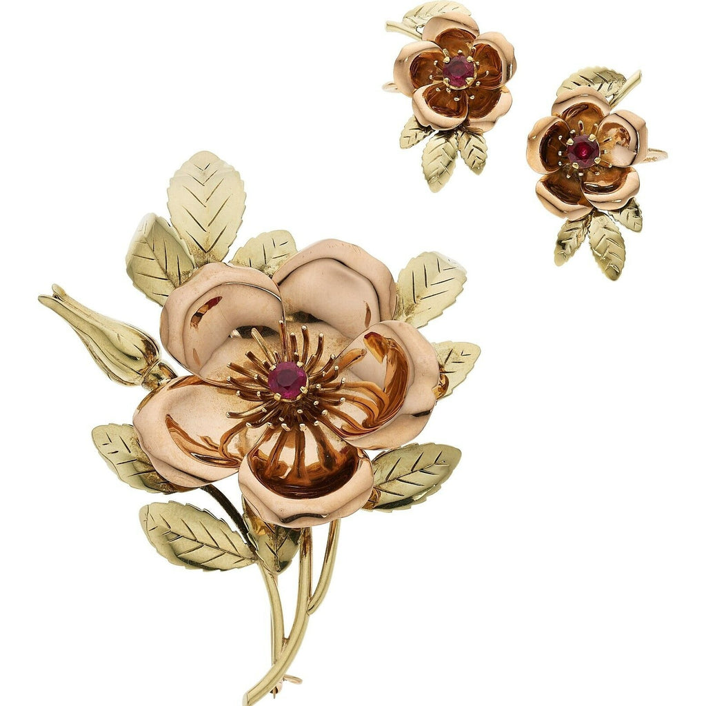 Vintage Tiffany & Co. 14k Two-Tone Gold Brooch and Earring Set W/Floral Design