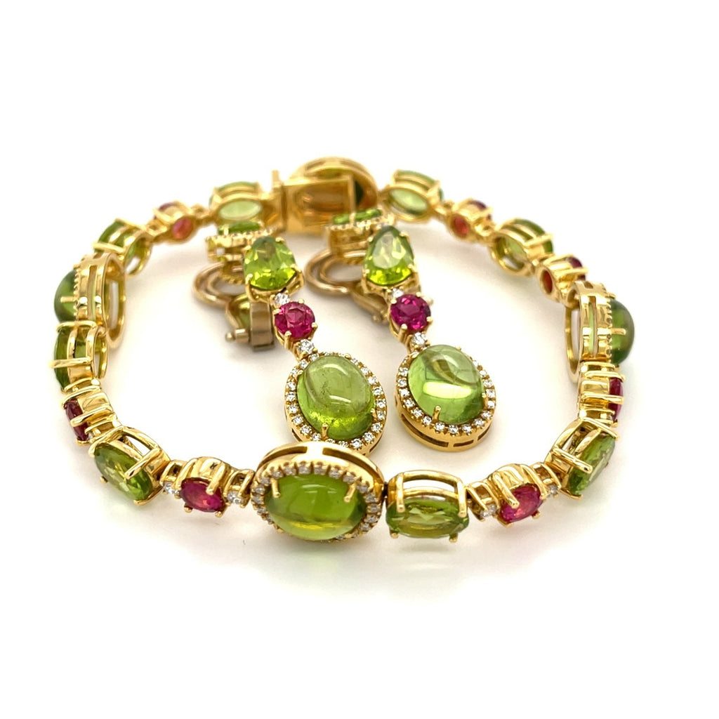 18k Gold, Peridot & Tourmaline 2pc Jewelry Set w/ 1.61ct Diamonds, Earrings and Bracelet, Size 7.25